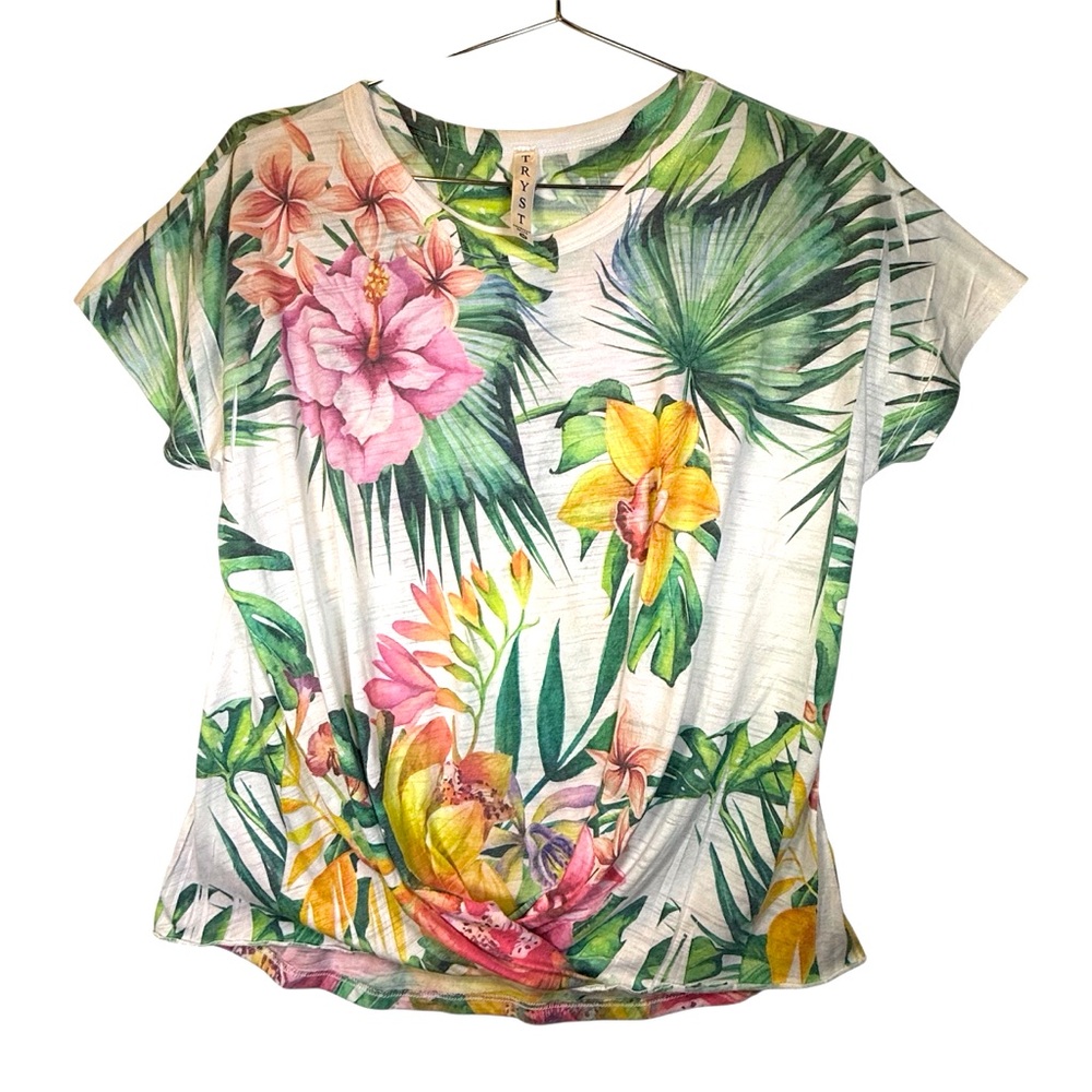TRYST Tropical Floral Twist Front Short Sleeve Blouse Women’s Top Size Medium